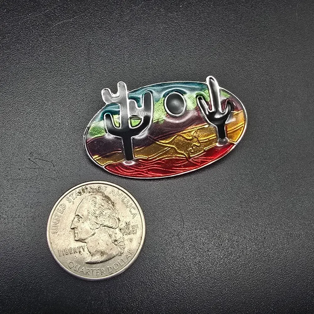 Southwest Enamel Cactus Brooch Oval Vintage Costume Jewelry